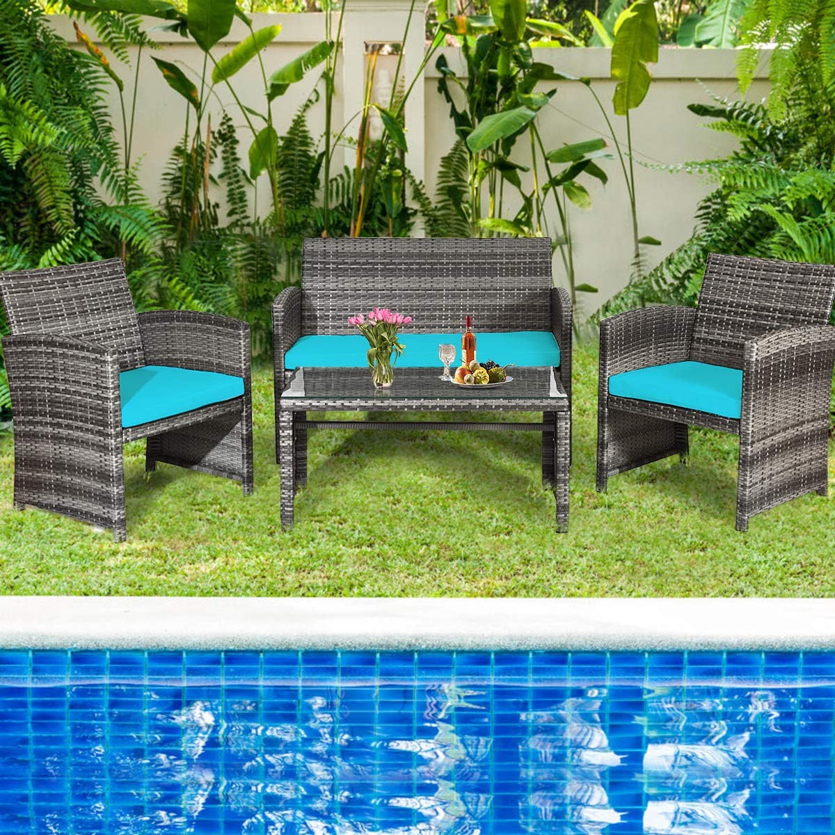 4-Piece Outdoor Wicker Conversation Furniture Set with Turquoise Cushions and Tempered Glass Table