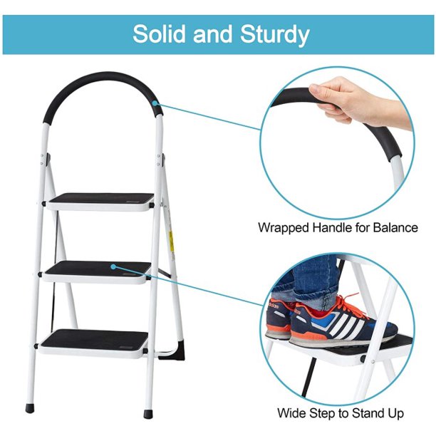 3 Step Ladder Folding Step Stool with Grips Sturdy Step Stool with Wide Pedal 330 Lbs Capacity