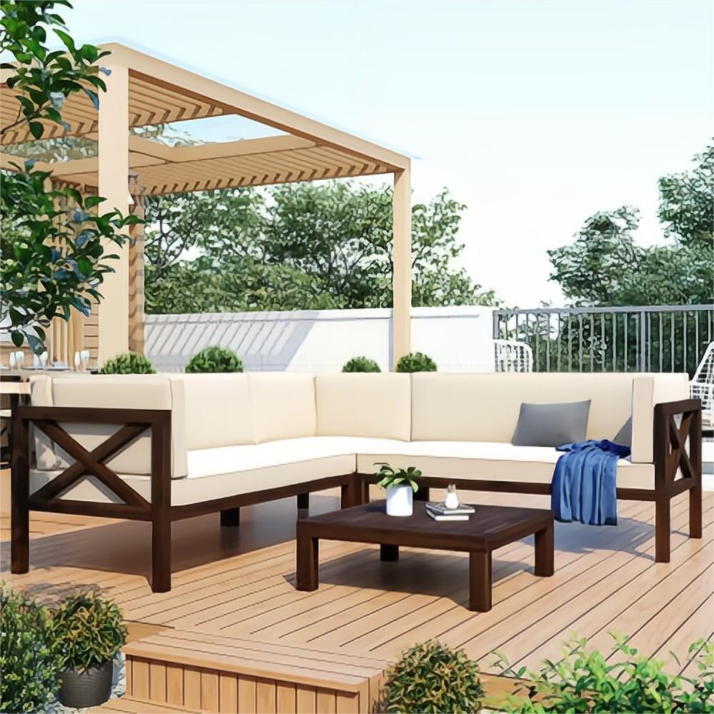 4-Piece Outdoor Wood Patio Backyard Sectional Seating Group with Beige Cushions and Table