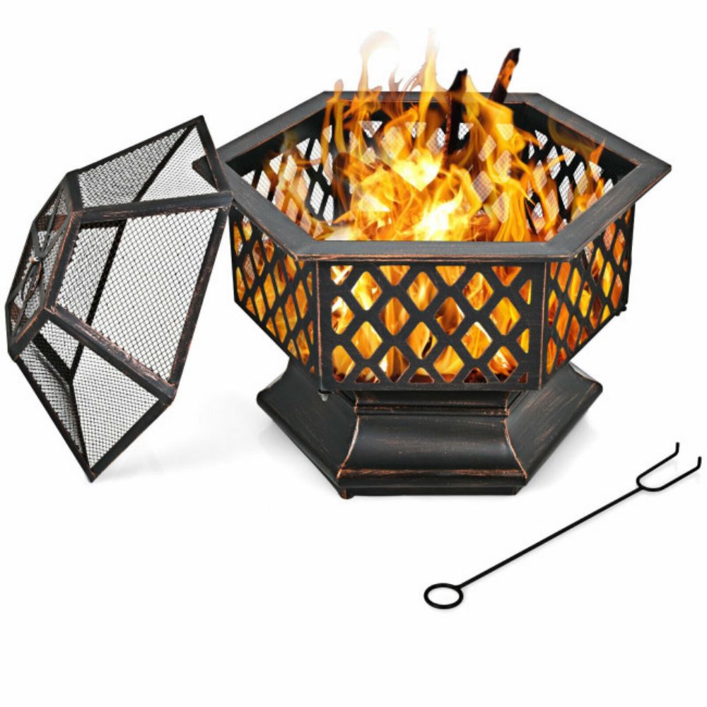 26 in. Outdoor Hex-shaped Portable Wood Burning Firepit Bowl with Screen Cover and Poker