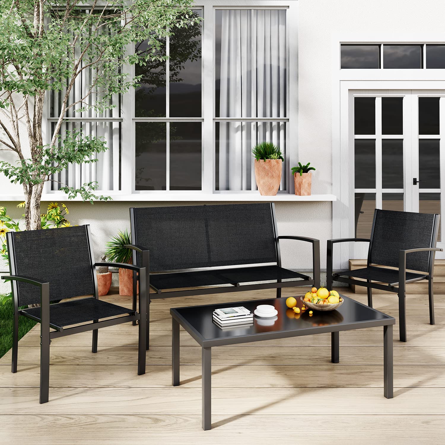 Black 4-Piece Metal Furniture Patio Conversation Set with Glass Top Coffee Table