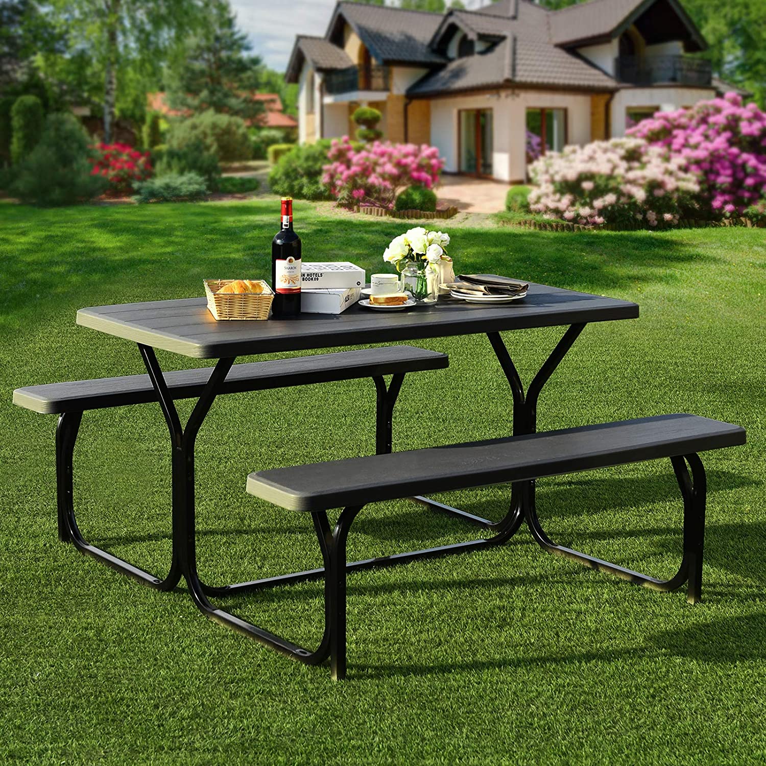 All-Weather Metal Outdoor Picnic Table Bench Set with Metal Base Wood