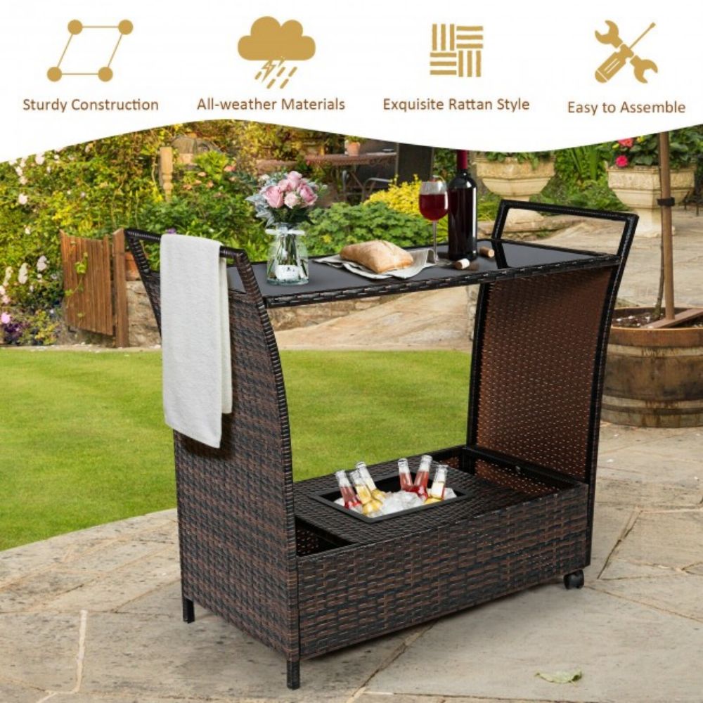 Outdoor Patio Wicker Rattan Bar Serving Cart with Glass Top and Handle
