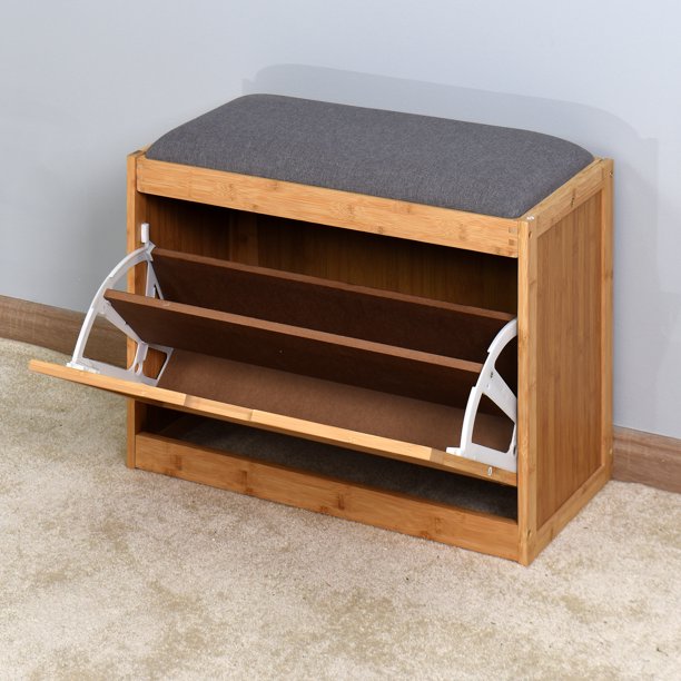 SUGIFT Entryway Bamboo Bench Living Room Storage Shoe Rack with Foldable Shelf 24.8 x 11.6 x 18.9 inch