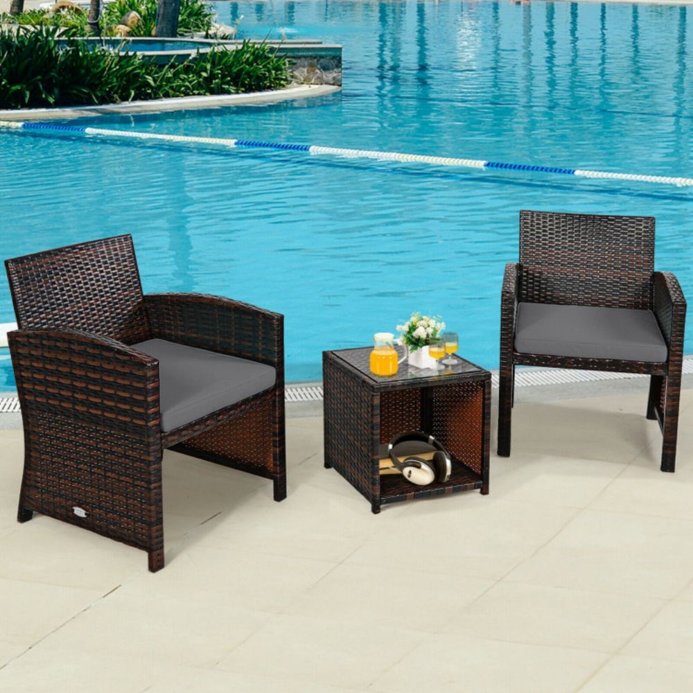 3-Piece Rattan Wicker Patio Conversation Set with Gray Cushions