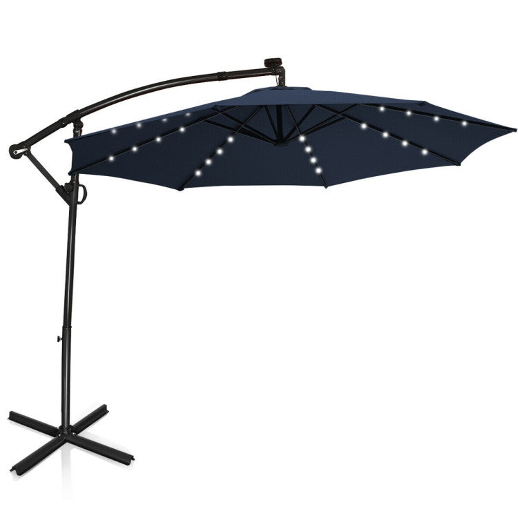 10 ft. 360-Degrees Rotation Aluminum Tilt Cantilever Patio Umbrella with LED Lights and Cross Base in Navy Blue