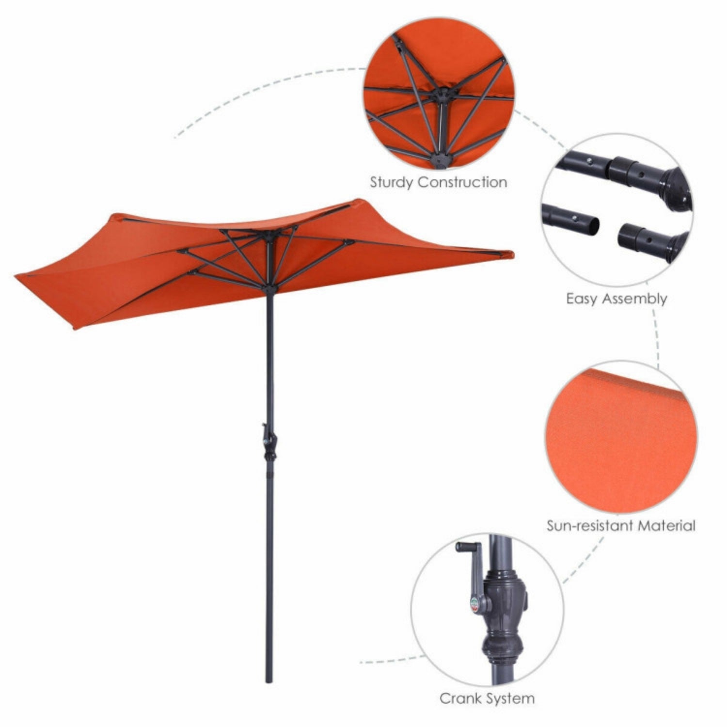 SUGIFT 9 Feet Patio Bistro Half Round Umbrella without Weight Base,Orange