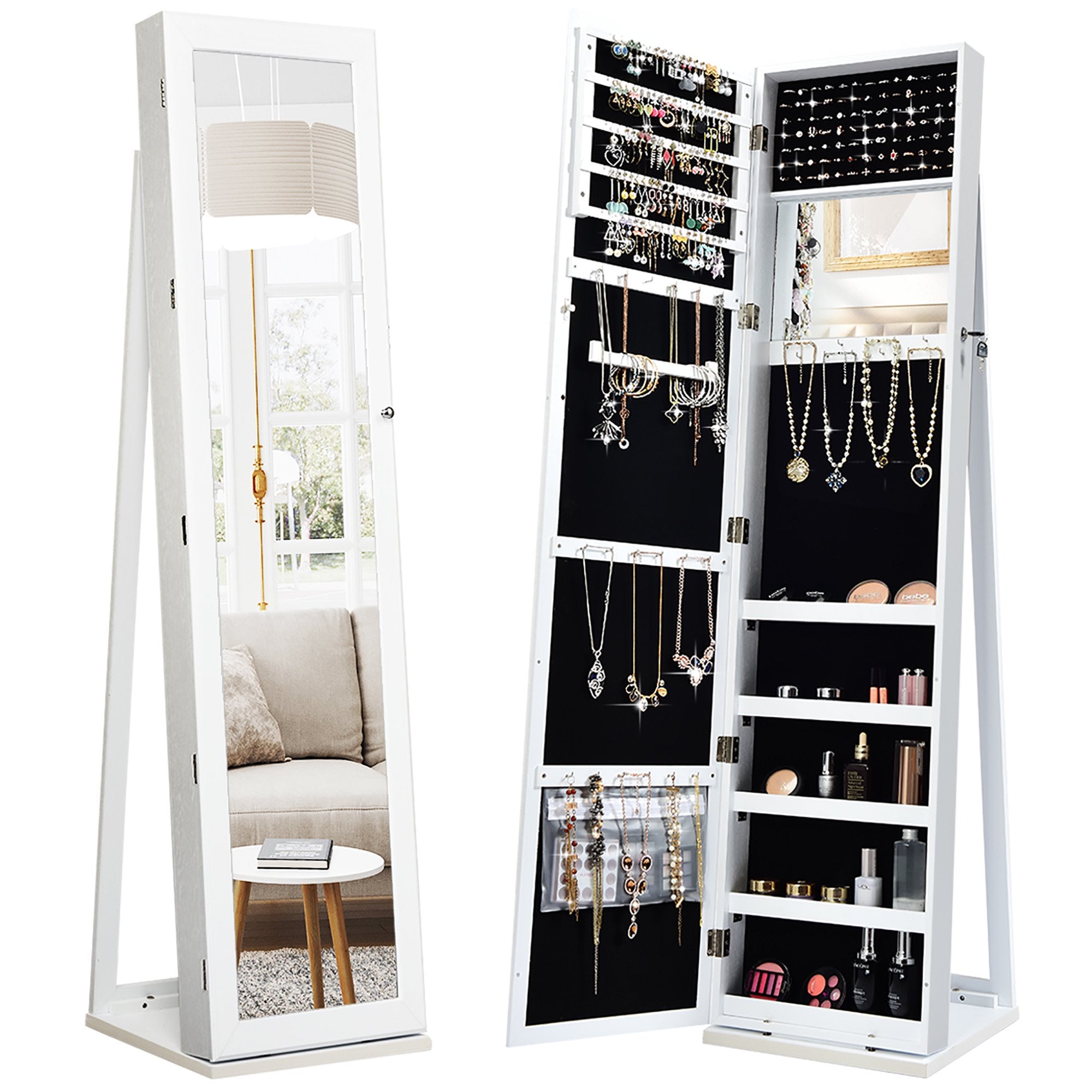 SUGIFTSUGIFT Mirrored Jewelry Cabinet Lockable Standing Storage Organizer White Patio Wicker Rattan Dining Chairs Set of 4 White Blue
