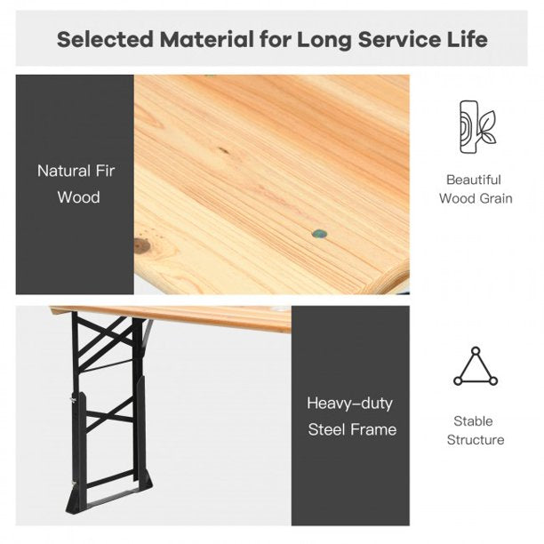 66.5 Inch Folding Table Wood Portable Foldable Picnic Desk With Adjustable Heights and Umbrella Hole