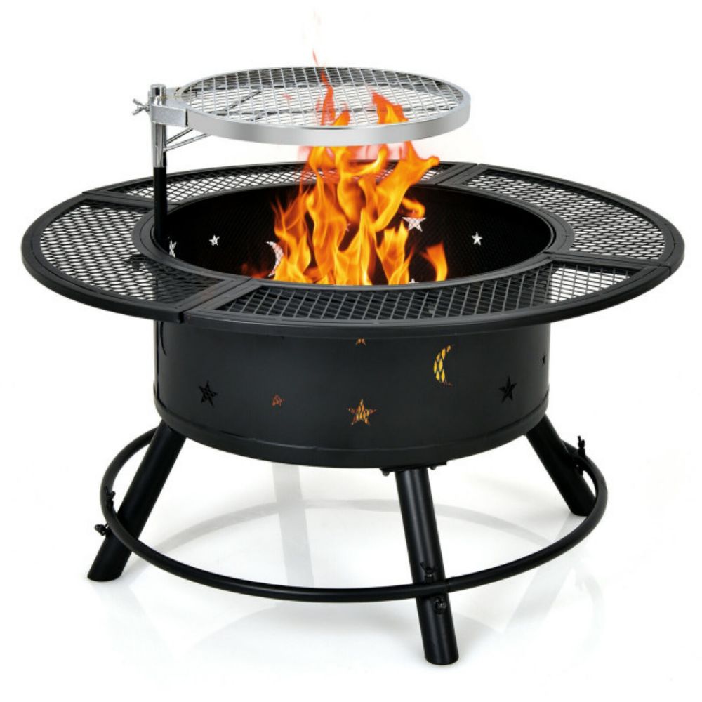 32 in. Outdoor Square Wood Burning Fire Pit with 360-Degree Swivel BBQ Grate