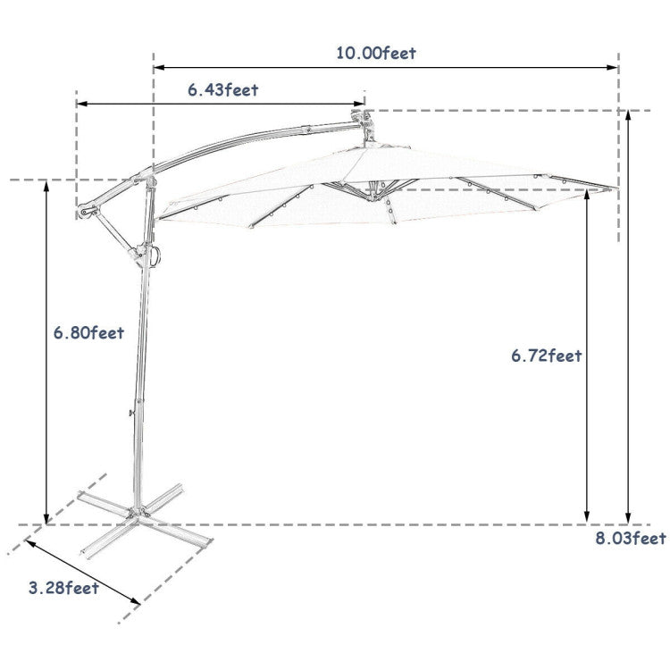 10 ft. 360-Degrees Rotation Aluminum Tilt Cantilever Patio Umbrella with LED Lights and Cross Base in Navy Blue