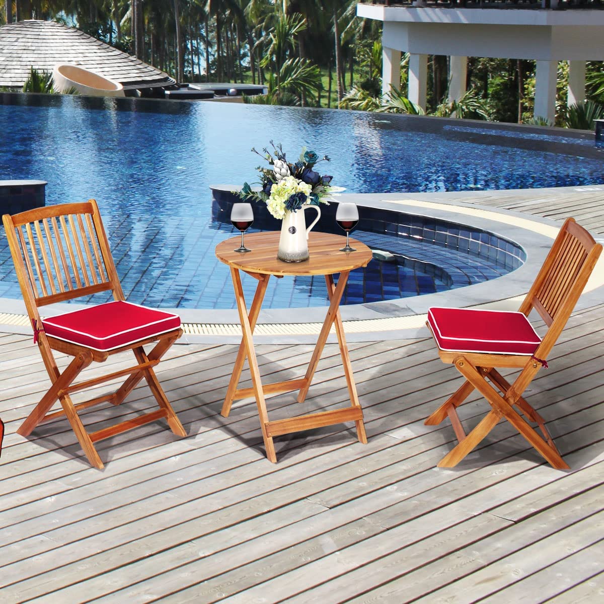 3-Piece Patio Folding Wooden Outdoor Bistro Set with Red Cushions