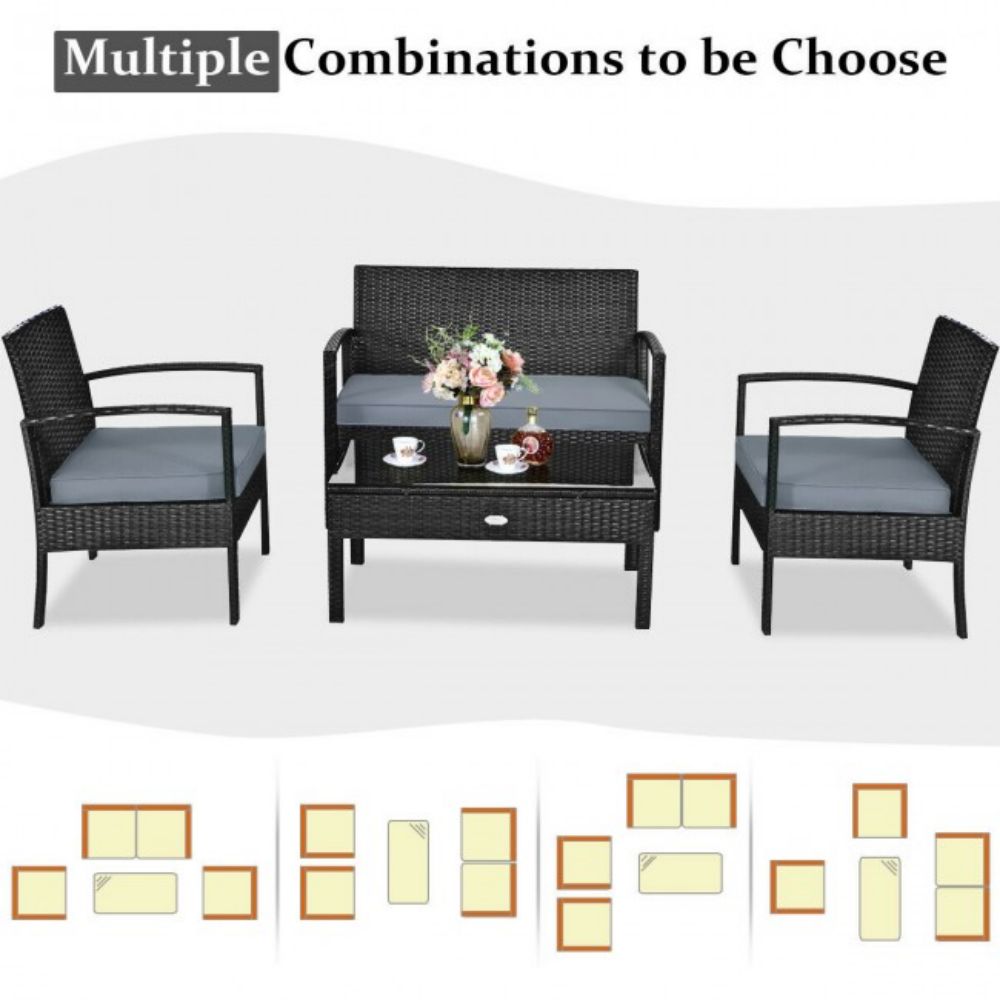 4-Pieces Rattan Wicker Patio Conversation Set with Black Cushions