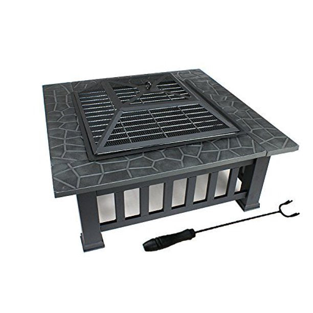 SUGIFT 32" Outdoor Fire Pit Square Metal Firepit Backyard Patio Garden Stove Wood Burning Fire Pit W/Rain Cover, Black