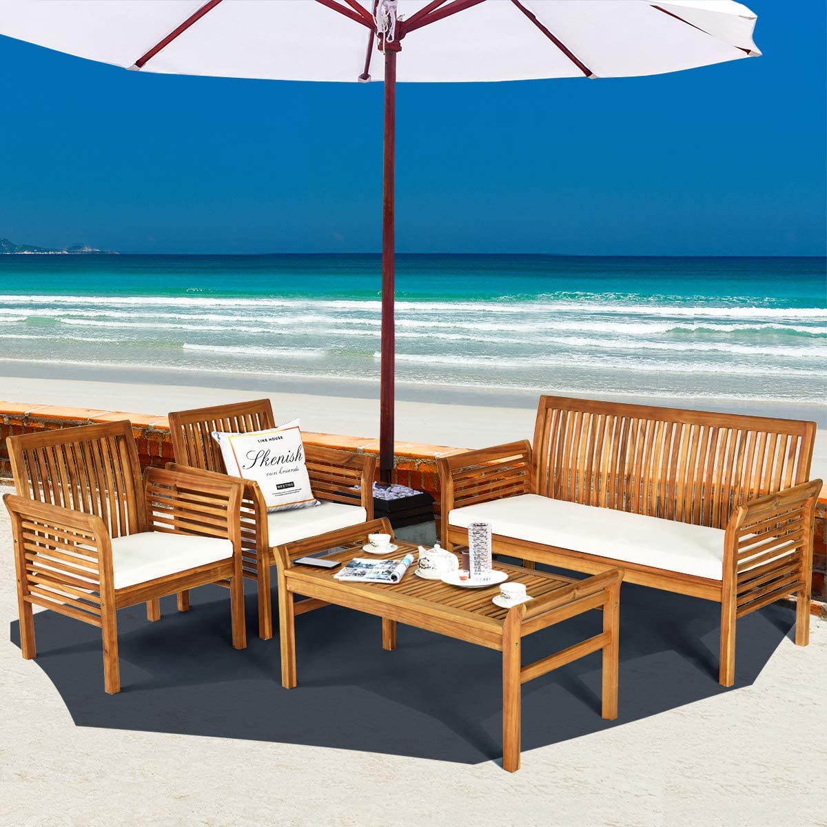 4-Piece Acacia Wood Outdoor Conversation Set with White Cushions