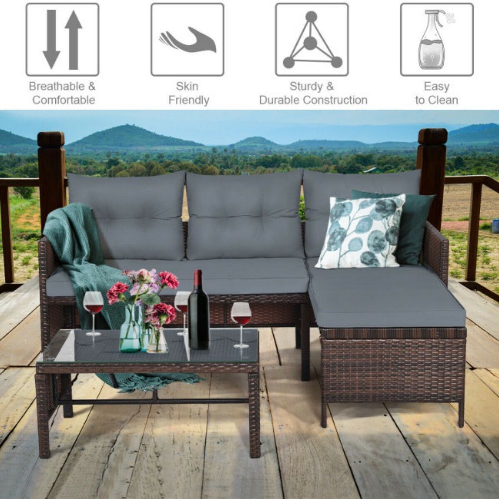 3-Piece Wicker Outdoor Corner Sectional Sofa Set with Gray Cushions and Coffee Table