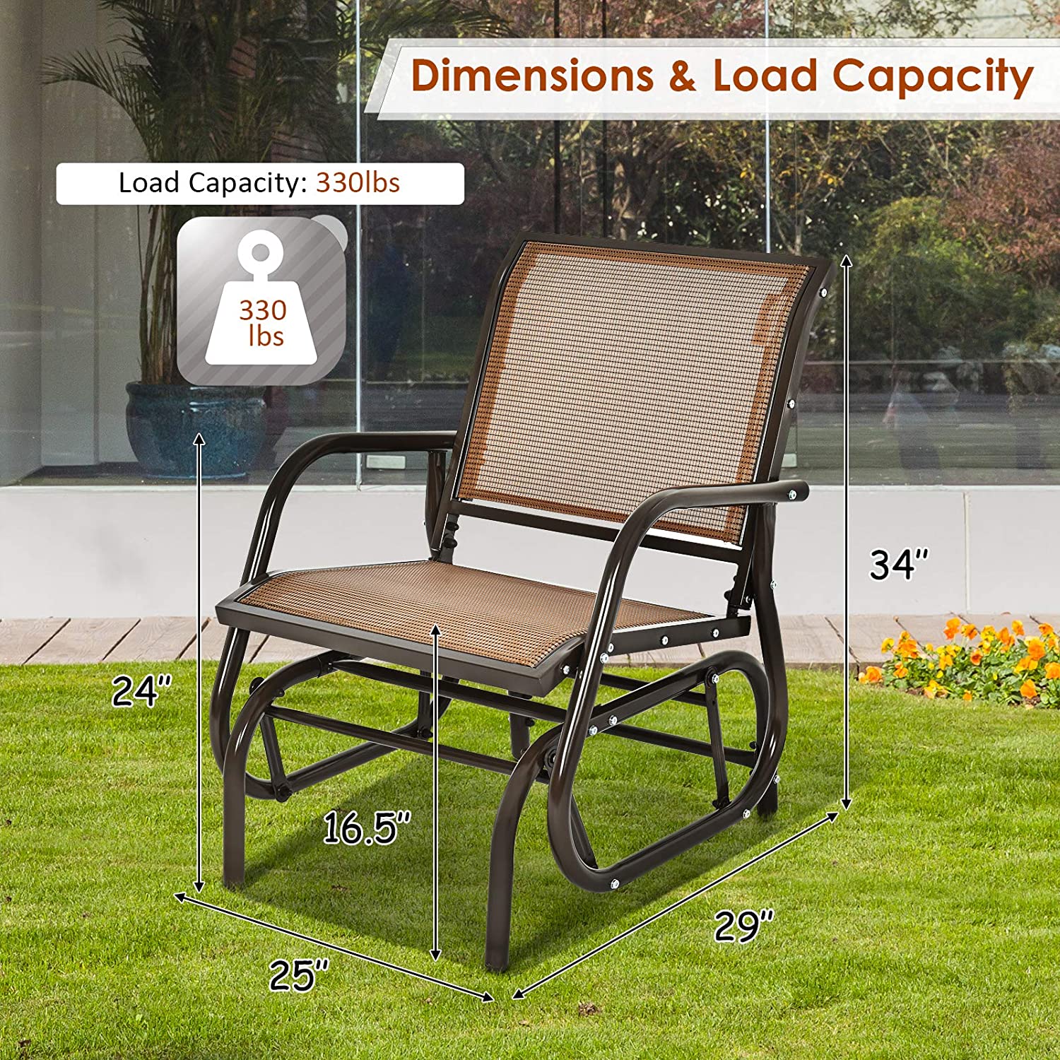Brown Metal Steel Single Outdoor Swing Glider Rocking Chair with Armrest