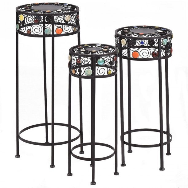 SUGIFT Plant Stand Storage 3 Pieces Round Display Ceramic Beads Metal Plant Stand