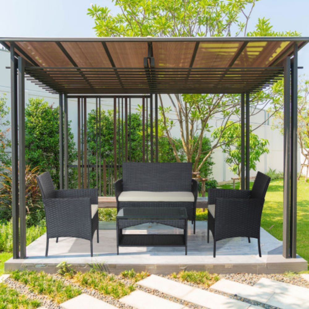 4-Piece Rattan Outdoor Conversation Seating Set with Beige Cushion and Patio Tempered Glass Table