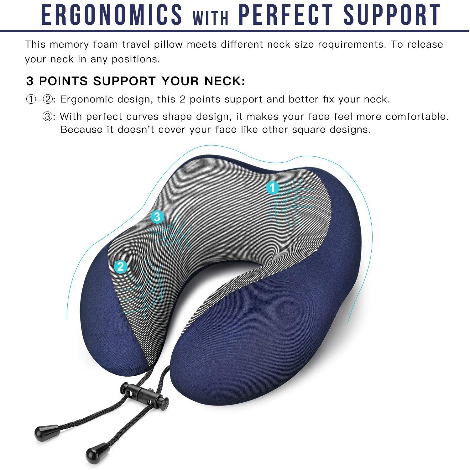 SUGIFT Travel Pillow 100% Pure Memory Foam Neck Pillow, Comfortable & Breathable Cover, Machine Washable, Airplane Travel Kit with 3D Contoured Eye Masks, Earplugs, and Luxury Bag, Standard (Blue)