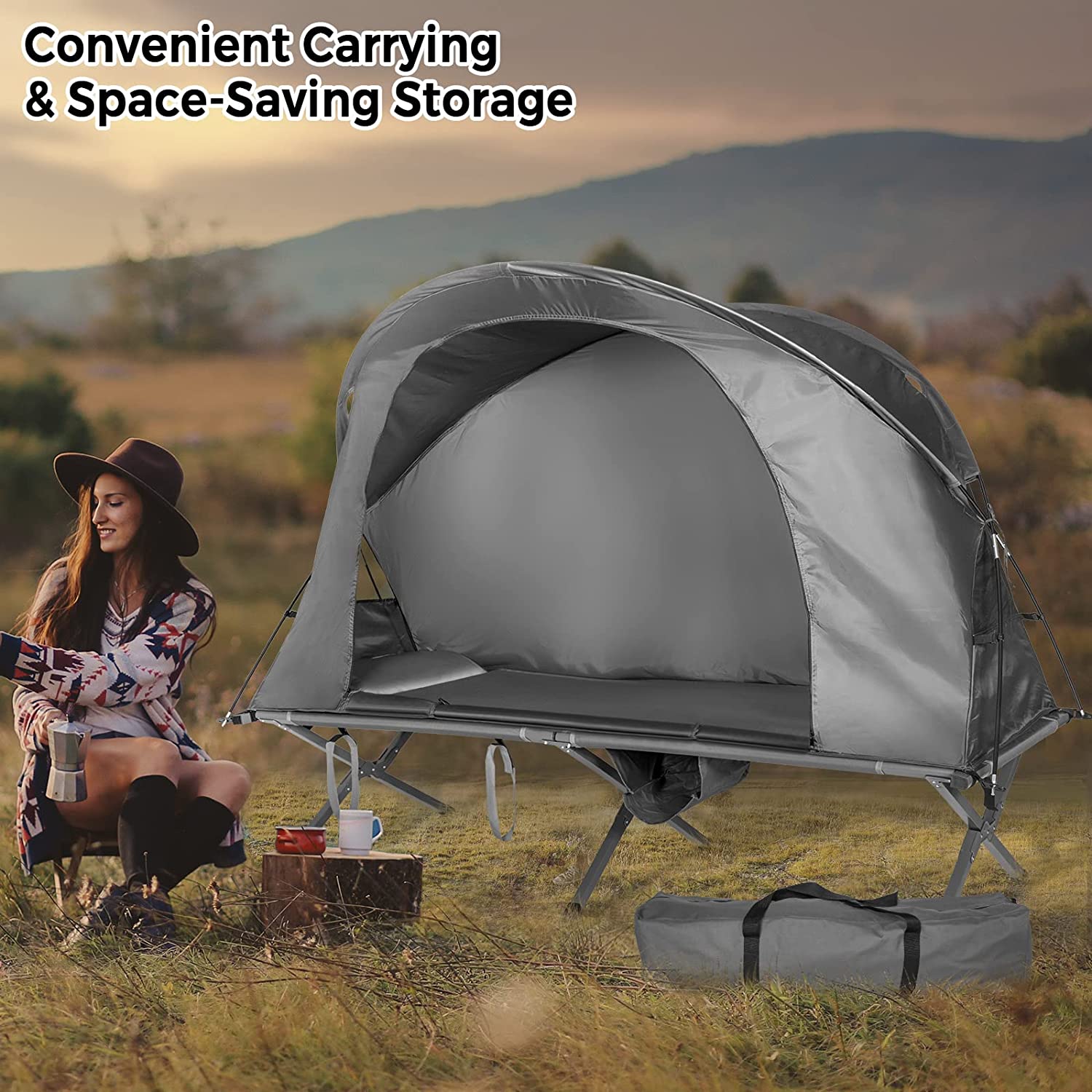 1-Person Gray Outdoor Folding Camping Tent Cot Elevated Compact Tent with External Cover