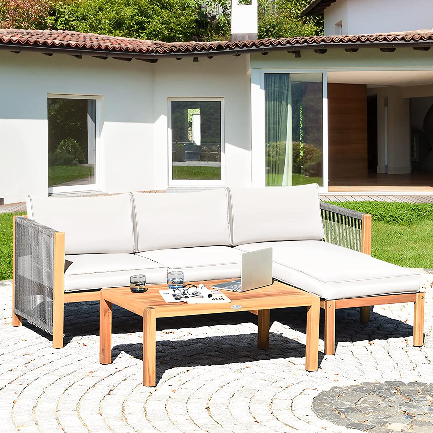 3-Piece Acacia Wood Patio Conversation Set Sofa with White Cushions