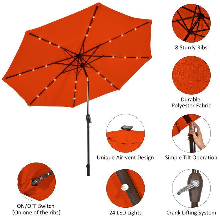 10 ft. Metal Market Solar Tilt Patio Umbrella in Orange with Crank and LED Lights