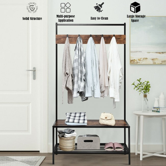 SUGIFT 3 in 1 Industrial Coat Rack with 2-tier Storage Bench and 5 Hooks,Coffee