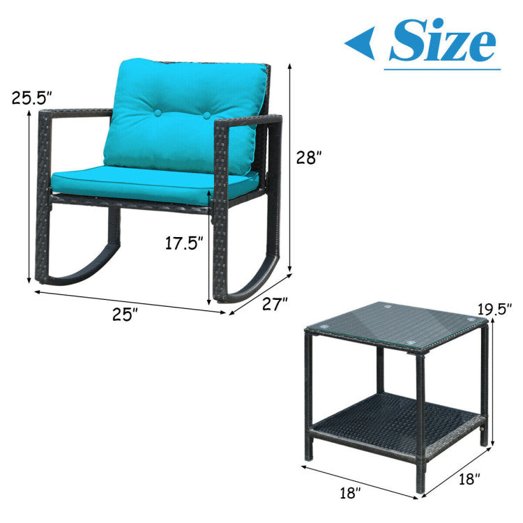 Black 3-Piece Wicker Outdoor Bistro Set with Green Cushions