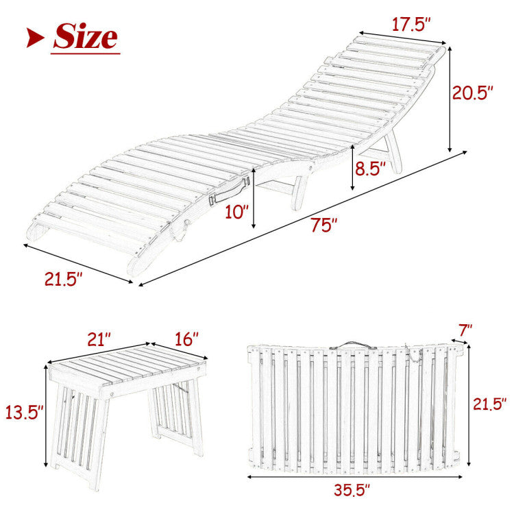 Natural 3-Pieces Wood Folding Outdoor Chaise Lounge Sunlounger Chair with Red/White Cushion