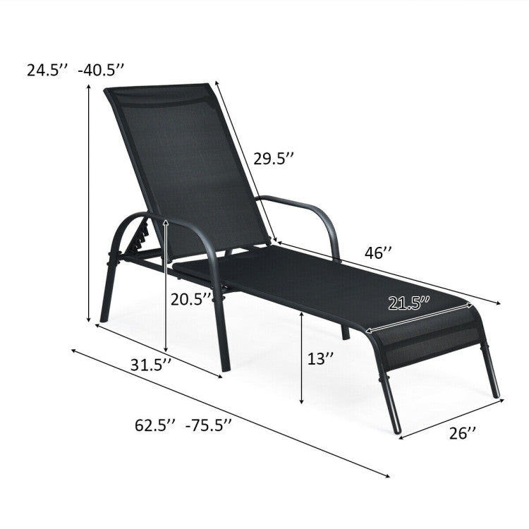 2-Piece Metal Adjustable Outdoor Chaise Lounges Chairs with Adjustable Reclining Armrest in Black