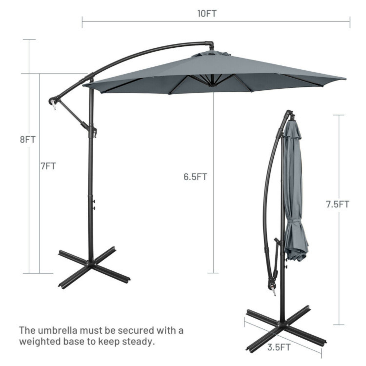 SUGIFT 10 Feet Offset Umbrella with 9 Ribs Cantilever and Cross Base,Gray
