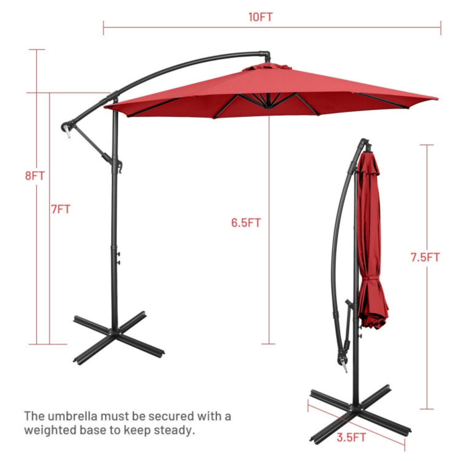 SUGIFT 10 Feet Offset Umbrella with 9 Ribs Cantilever and Cross Base,Red