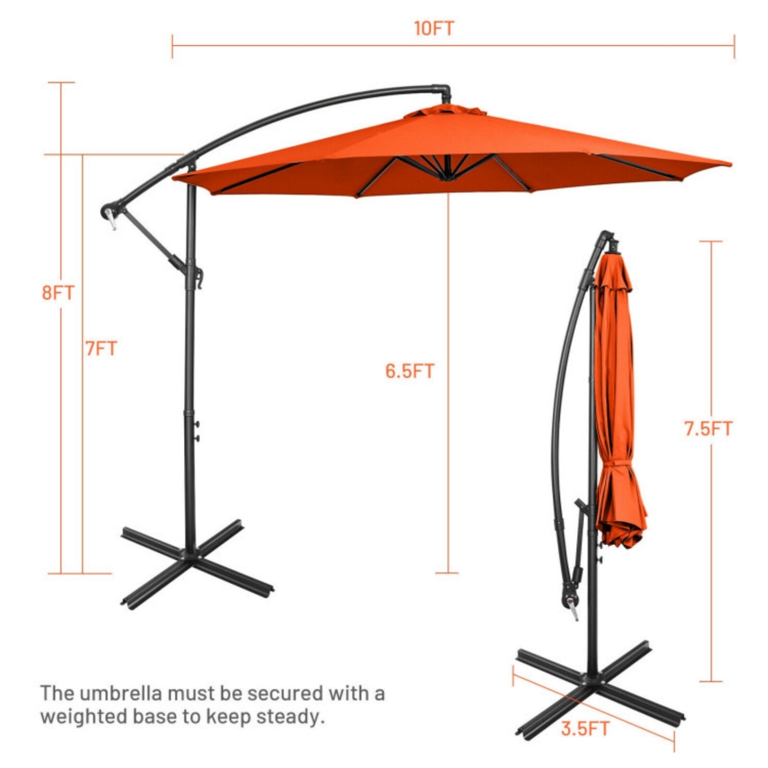 SUGIFT 10 Feet Offset Umbrella with 8 Ribs Cantilever and Cross Base,Orange