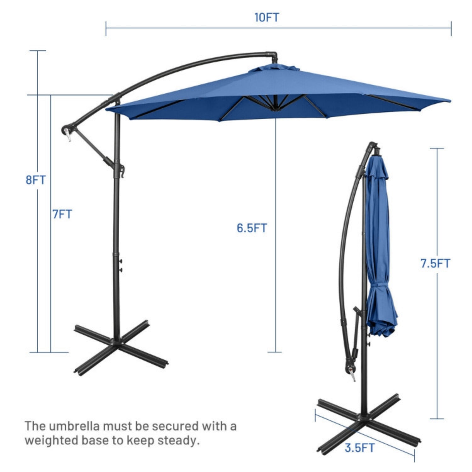 SUGIFT 10 Feet Offset Umbrella with 9 Ribs Cantilever and Cross Base,Blue