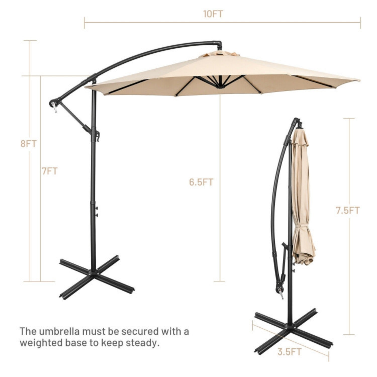 SUGIFT 10 Feet Offset Umbrella with 8 Ribs Cantilever and Cross Base,Beige