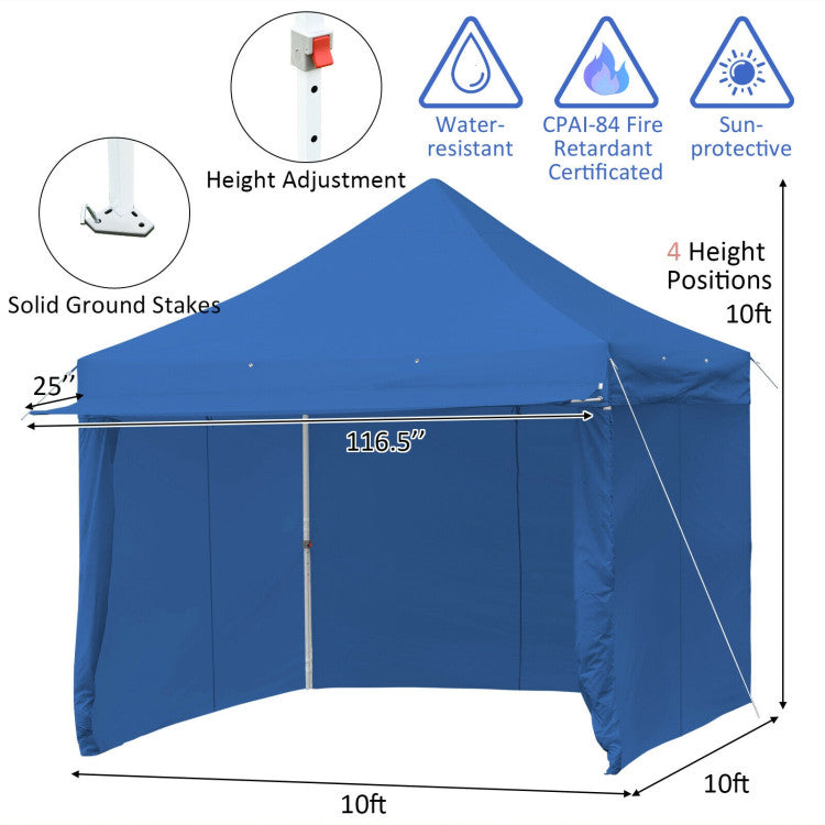 10 ft. x 10 ft. Blue Canopy Pop Up Tent with Removable Side Wall and Roller Bag