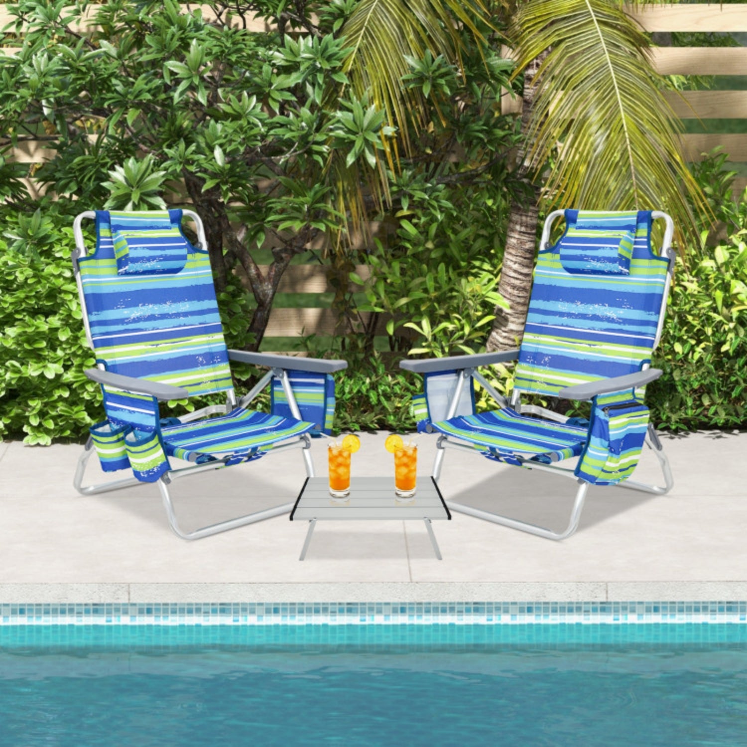 SUGIFT 2 Packs 5-Position Outdoor Folding Backpack Beach Table Chair Reclining Chair Set, Blue