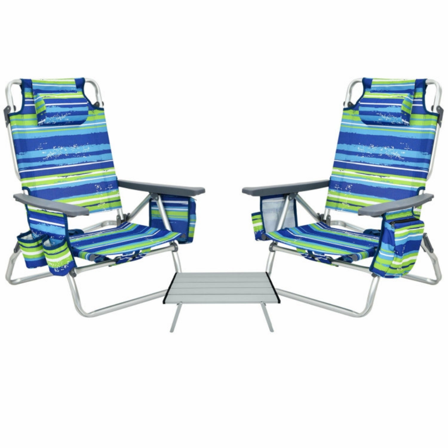 SUGIFT 2 Packs 5-Position Outdoor Folding Backpack Beach Table Chair Reclining Chair Set, Blue