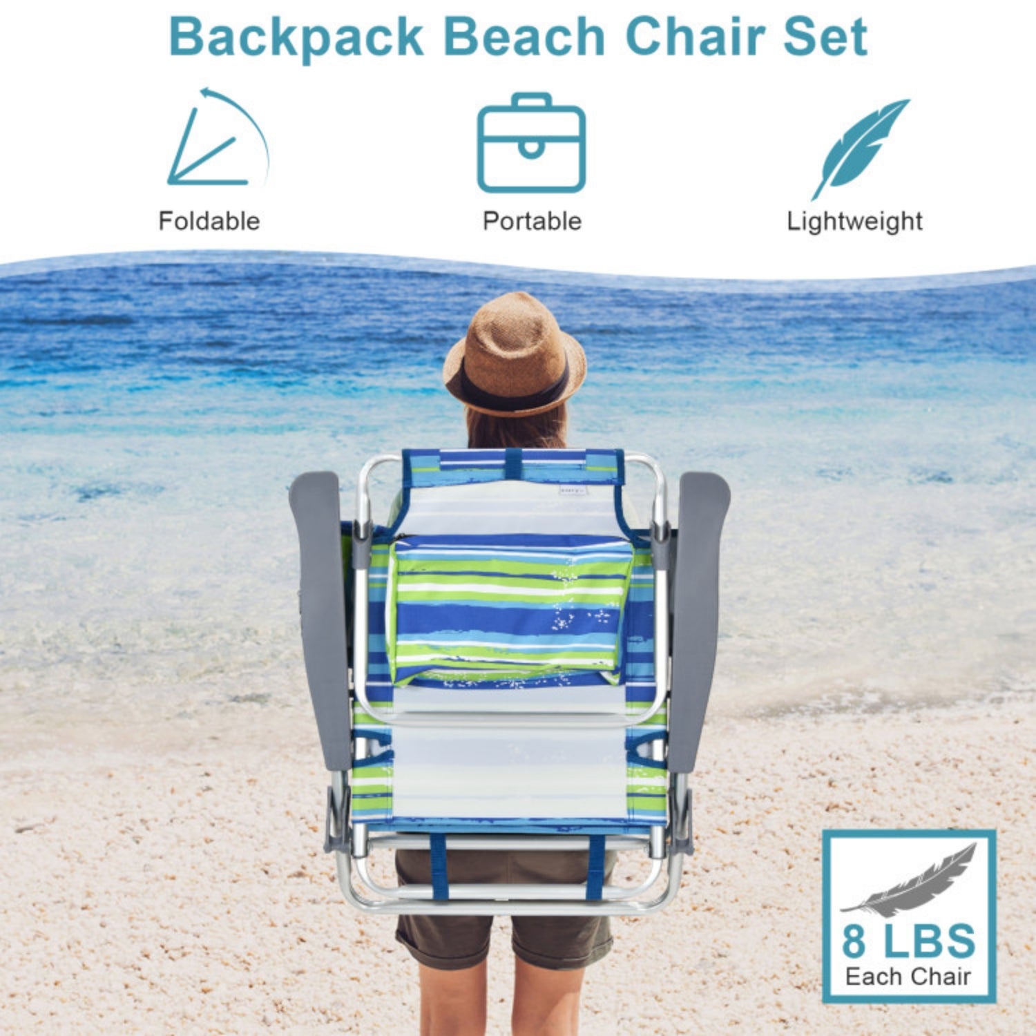SUGIFT 2 Packs 5-Position Outdoor Folding Backpack Beach Table Chair Reclining Chair Set, Blue