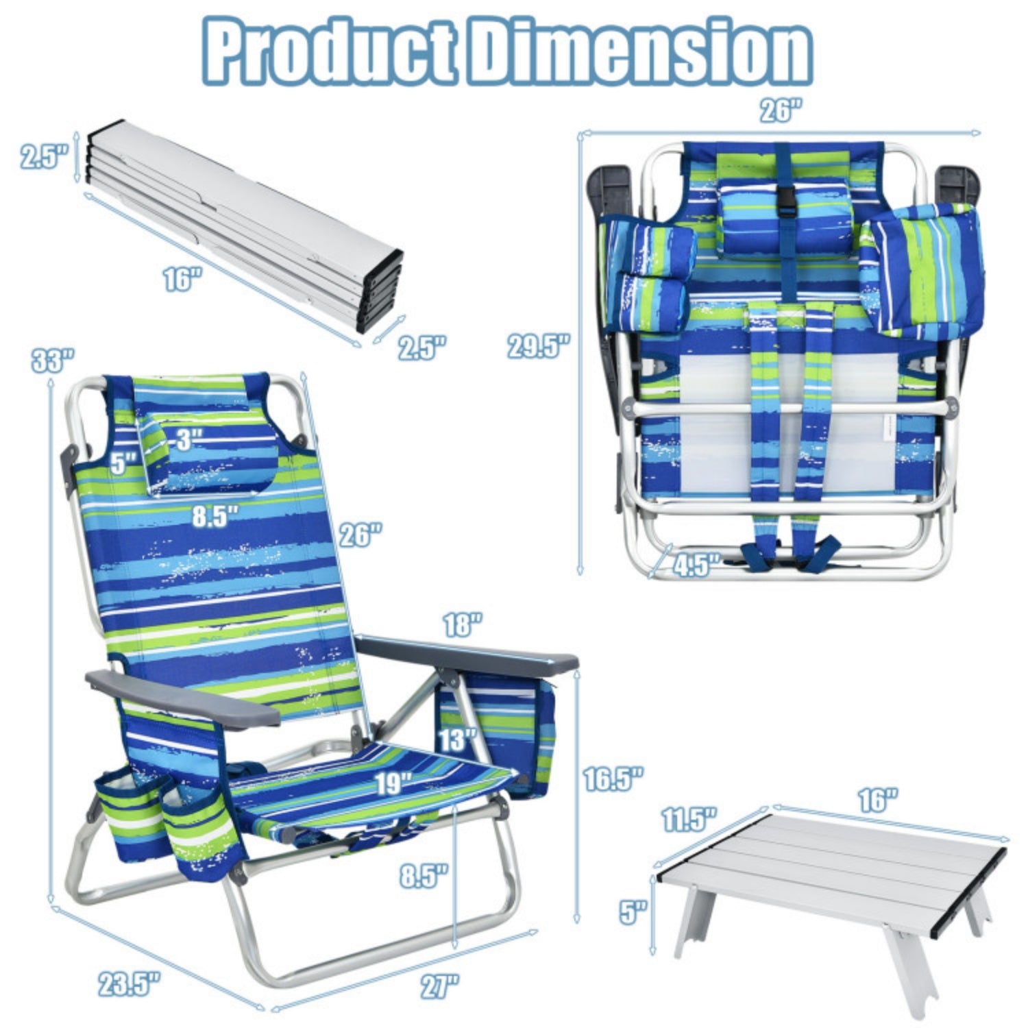 SUGIFT 2 Packs 5-Position Outdoor Folding Backpack Beach Table Chair Reclining Chair Set, Blue
