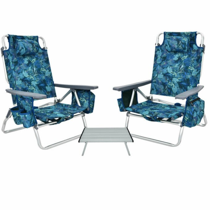 SUGIFT 2 Packs 5-Position Outdoor Folding Backpack Beach Table Chair Reclining Chair Set, Pewter