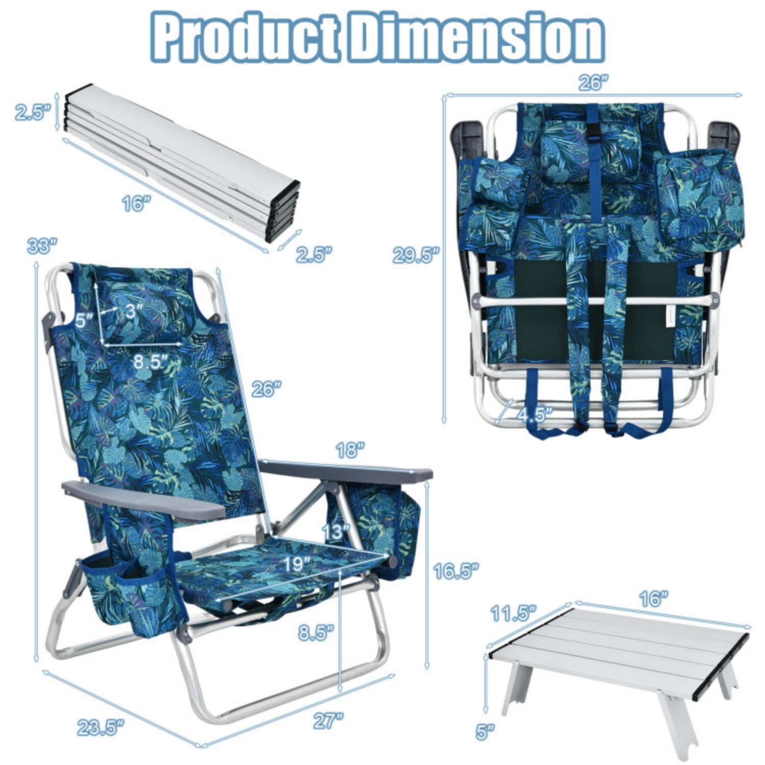 SUGIFT 2 Packs 5-Position Outdoor Folding Backpack Beach Table Chair Reclining Chair Set, Pewter