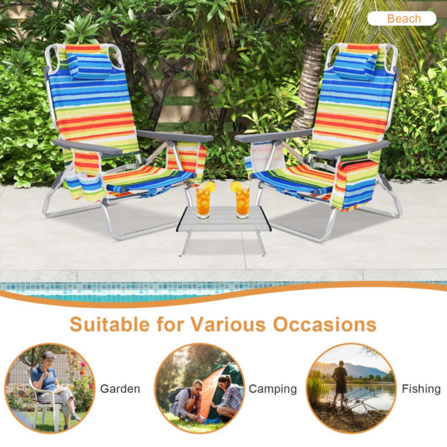 SUGIFT 2 Packs 5-Position Outdoor Folding Backpack Beach Table Chair Reclining Chair Set, Yellow