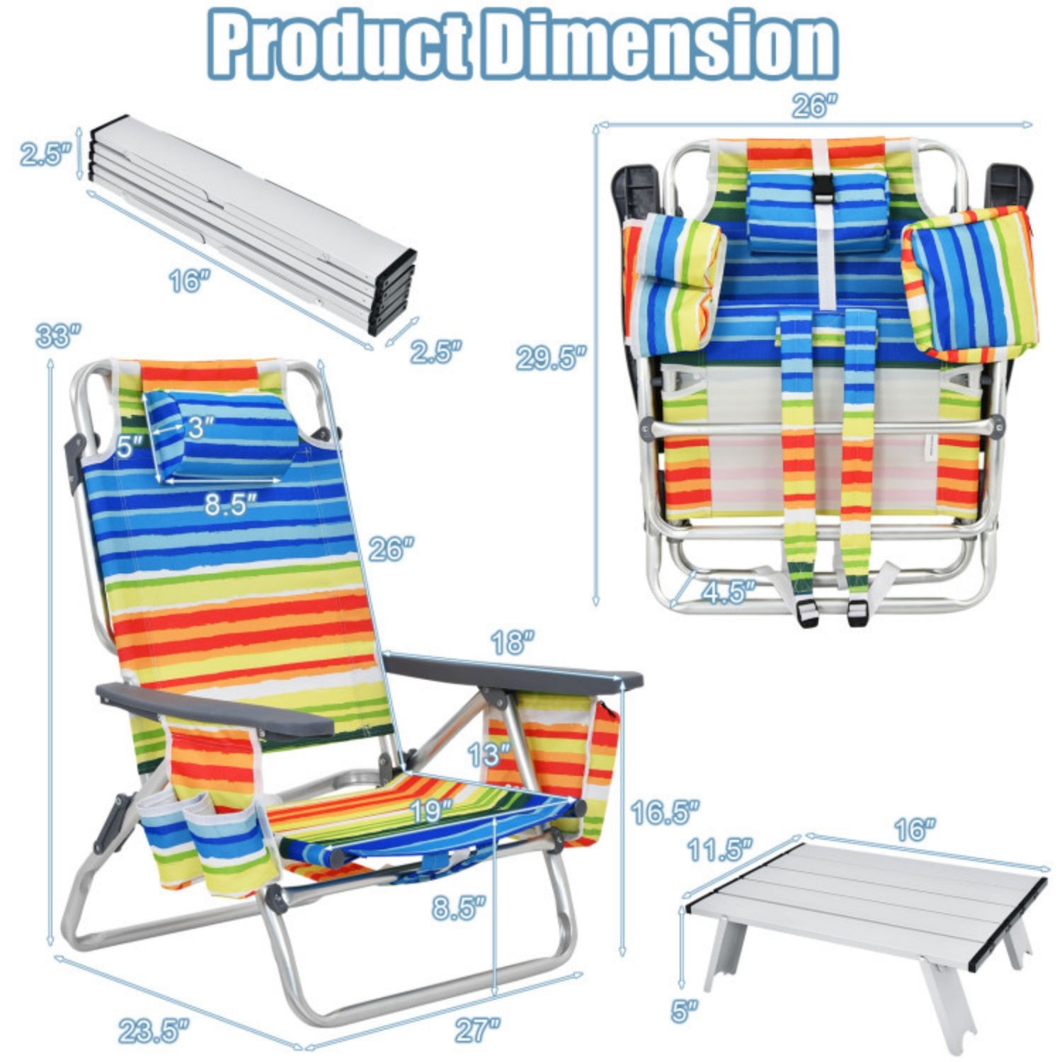 SUGIFT 2 Packs 5-Position Outdoor Folding Backpack Beach Table Chair Reclining Chair Set, Yellow