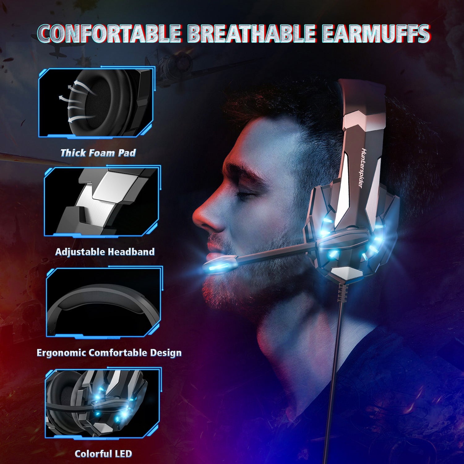 SUGIFT V10 Stereo Gaming Headset for PS4 PC Xbox One PS5 Controller, Noise Cancelling Over Ear Headphones with Mic, LED Light, Bass Surround, Soft Memory Earmuffs for Laptop Mac Nintendo NES Games