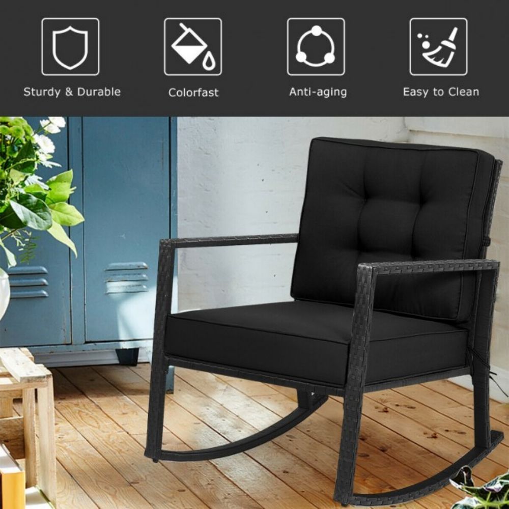 Patio Rattan Wicker Rocking Chair Outdoor Rocking Chair with Black Cushions