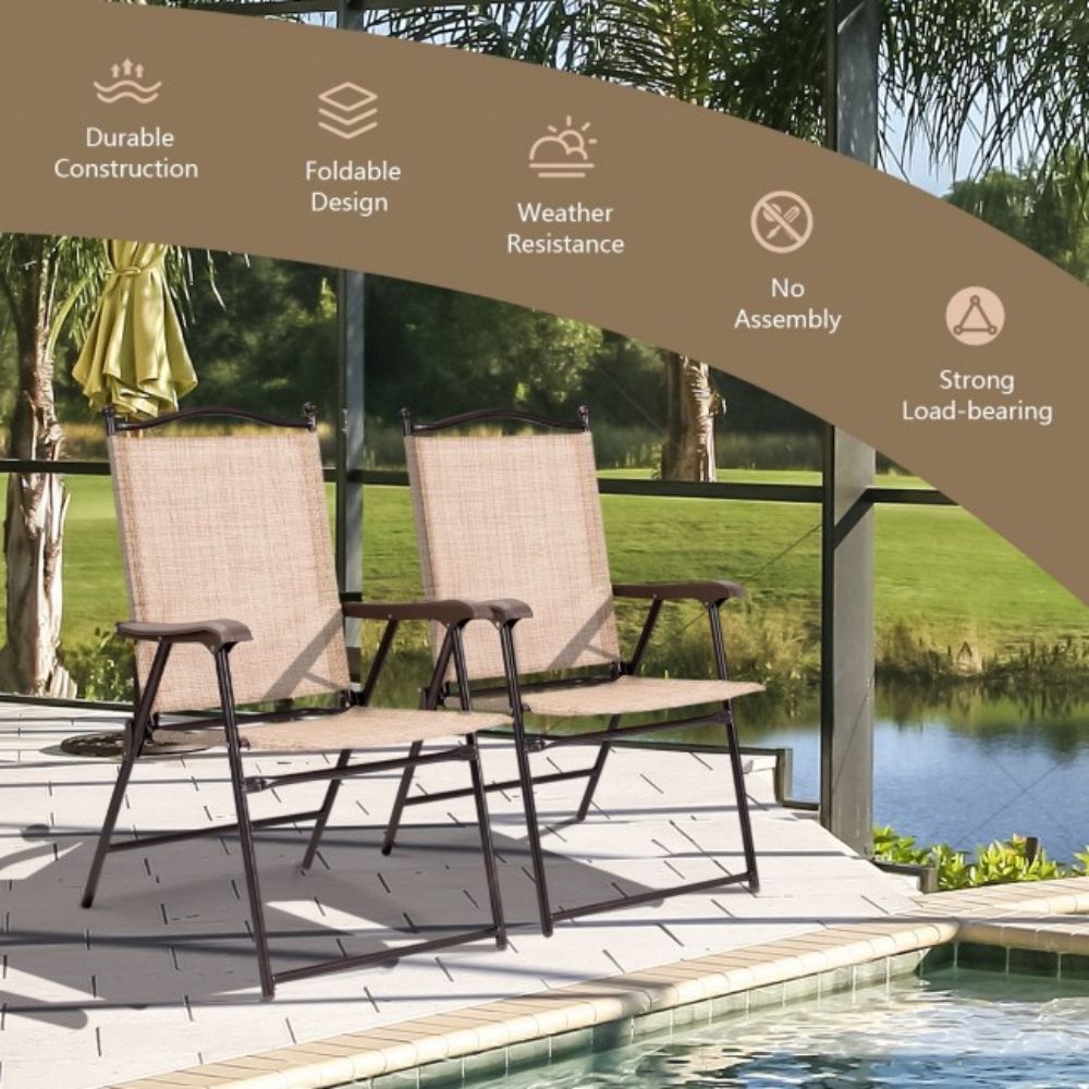 Beige Steel Folding Sling Outdoor Dining Chair (Set of 2)