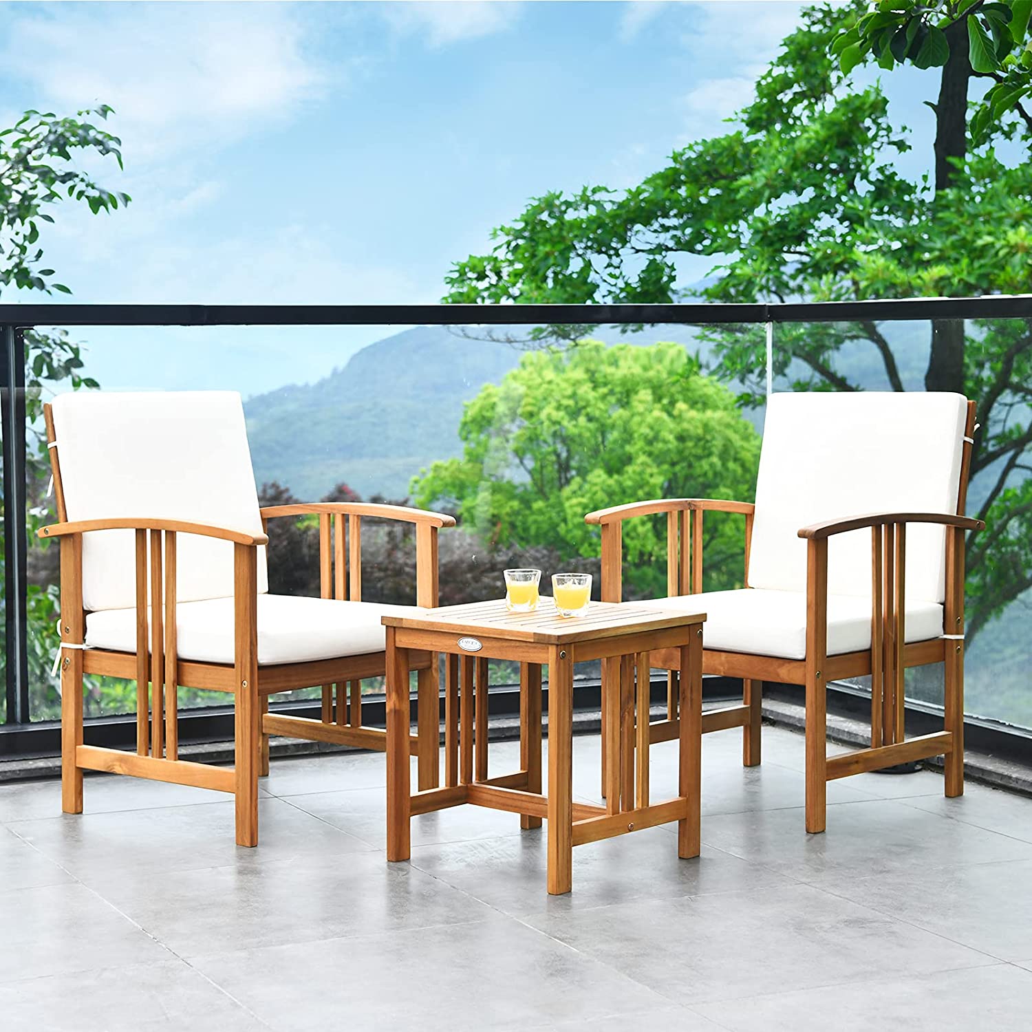 3-Pieces Outdoor Wooden Patio Conversation Furniture Set with White Cushion