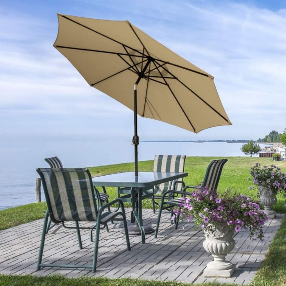 9 ft. Metal Outdoor Market Crank and Tilt Patio Umbrella in Beige